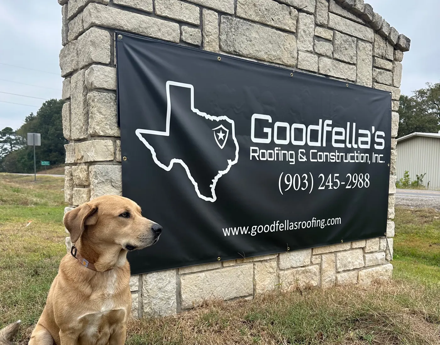 Goodfella's Roofing & Construction sign in East Texas